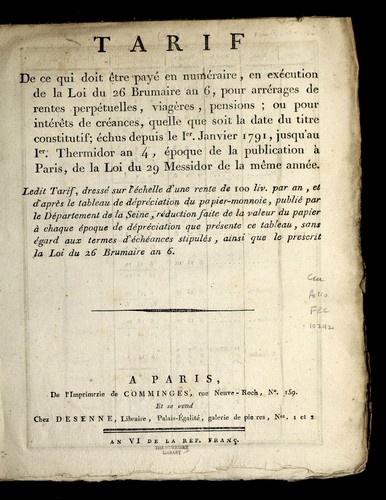 Tarif de ce qui doit ^etre paye  en nume raire