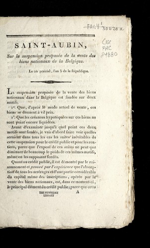 Saint-Aubin, sur la suspension propose e de la vente des biens nationaux de la Belgique