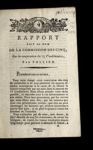 Rapport fait au nom de la Commission des cinq, sur la conjuration du 13 vende miaire