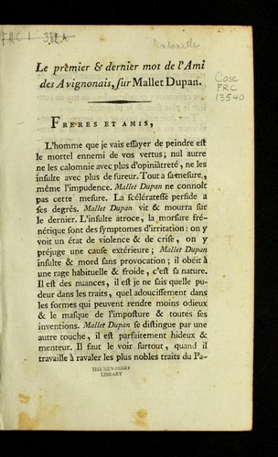 Le premier & dernier mot de l'ami des avignonais, sur Mallet Dupan