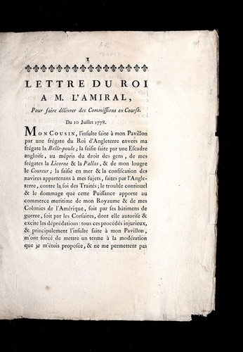Lettre du roi a   M. l'amiral, pour faire de livrer des commissions en course
