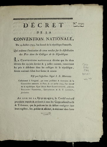 De cret de la Convention nationale, du 19 juillet 1793, l'an second de la Re publique franc ʹoise qui ordonne l'exe cution de ceux rendus sur la distribution des prix dans les colle ges de la Re publique