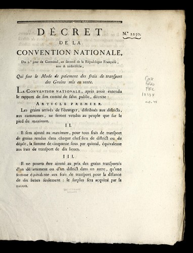 De cret de la Convention nationale, du 2e. jour de germinal, an second de la Re publique franc ʹaise, une & indivisible, qui fixe le mode de paiement des frais de transport des grains mis en vente