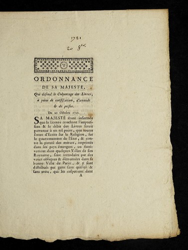 Ordonnance de Sa Majeste , qui de fend le colportage des livres, a   peine de confiscation, d'amende & de prison