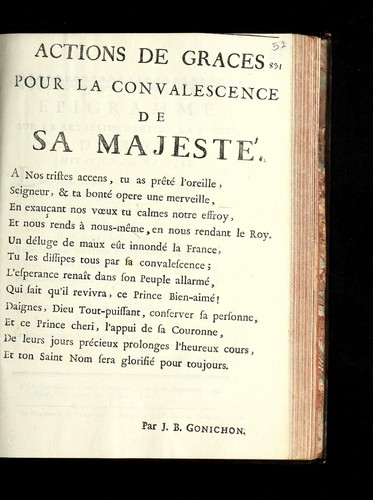 Actions de graces pour la convalescence de Sa Majeste .