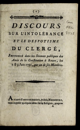Discours sur l'intole rance et le despotisme du clerge