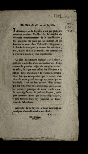 Motion de M. de La Fayette sur les droits de l'homme, & de l'homme vivant en socie te .