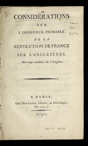 Conside rations sur l'influence probable de la Re volution de France sur Angleterre