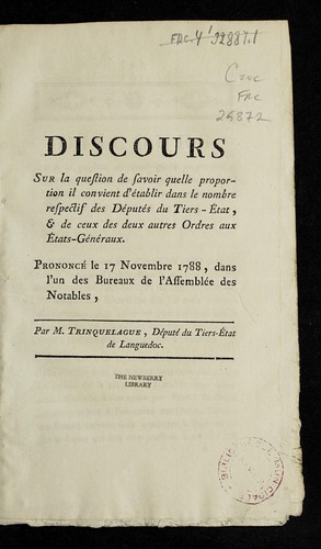 Discours sur la question de savoir quelle proportion il convient d'e tablir dans le nombre respectif des de pute s du Tiers-E tat, & de ceux des deux autres ordres aux E tats-ge ne raux