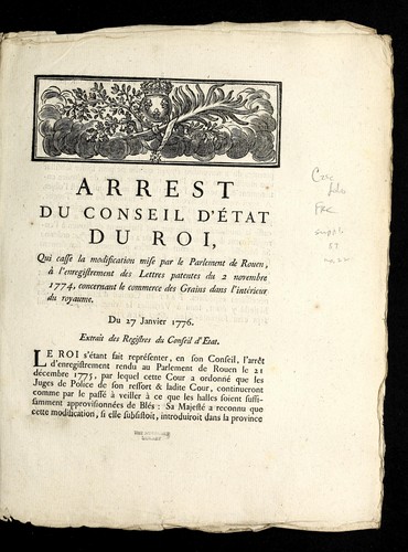 Arrest du Conseil d'e tat du roi, qui casse la modification mise par le Parlement de Rouen, a   l'enregistrement des lettres patentes du 2 novembre 1774, concernant le commerce des grains dans l'inte rieur du royaume