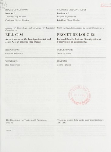 Minutes of proceedings and evidence of Legislative Committee on Bill C-86, an act to amend the Immigration Act and other Acts in consequence thereof