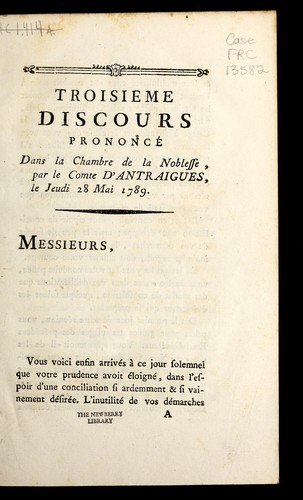 Troisie  me discours prononce  dans la Chambre de la noblesse, par le comte d'Antraigues, le jeudi 28 mai 1789