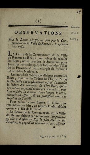 Observations sur la lettre adresse e au roi