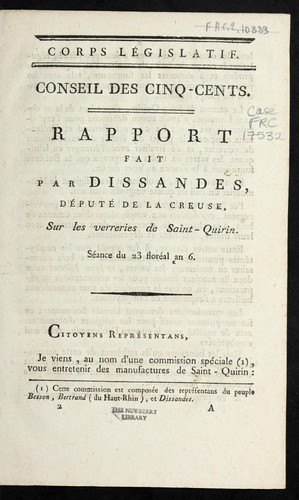 Rapport fait par Dissandes, de pute  de la Creuse, sur les verreries de Saint-Quirin