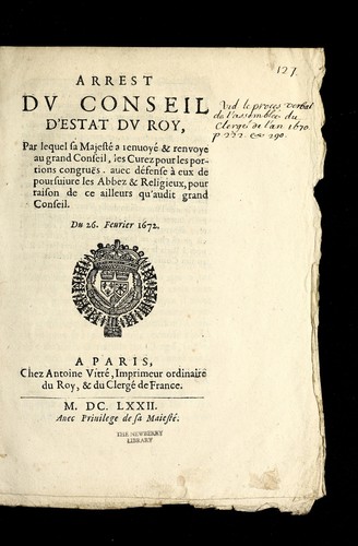 Arrest dv Conseil d'estat dv Roy, par lequel sa Majeste  a renuoye  & renvoye  au Grand Conseil