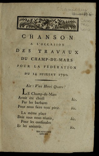 Chanson a   l'occasion des travaux du Champ-de-Mars pour la fe de ration du 14 juillet 1790
