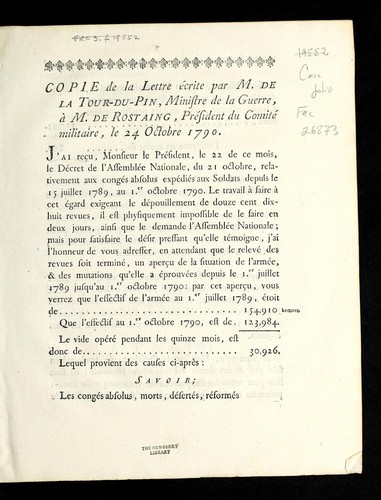 Copie de la lettre e crite par M. de La Tour-du-Pin, ministre de la guerre, a   M. de Rostaing, pre sident du Comite  militaire, le 24 octobre 1790