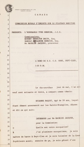 AUDIENCES DE LA COMMISSION ROYALE D'ENQUETE SUR LE PILOTAGE