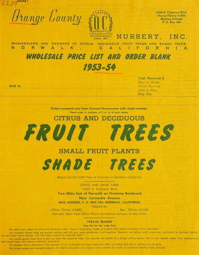 Wholesale price list and order blank, 1953-54