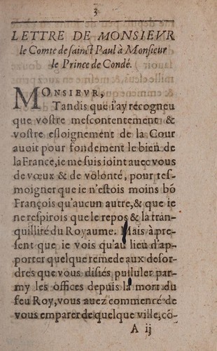 Lettre de Monsieur le comte de Sainct Paul, a Monsieur le prince de Condé