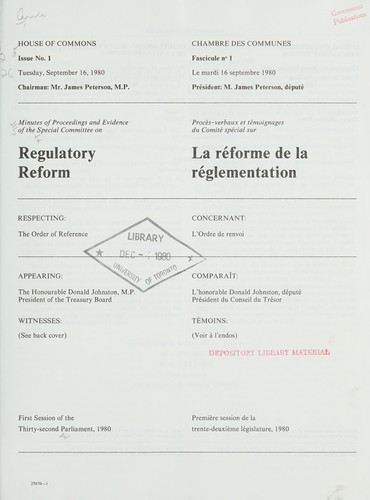 MINUTES OF PROCEEDINGS AND EVIDENCE OF THE CANADA PARLIAMENT HOUSE OF COMMONS SPECIAL COMMITTEE ON REGULATORY REFORM
