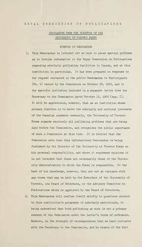 SUBMISSION TO THE ROYAL COMMISSION ON PUBLICATIONS - UNIVERSITY OF TORONTO PRESS