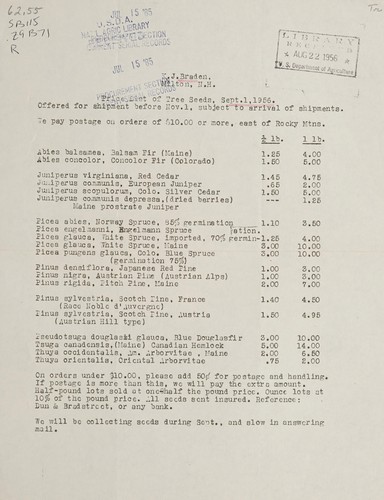 Price list of tree seeds, Sept. 1, 1956