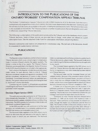 Introduction to the publications of the Ontario Worker's Compensation Appeals Tribunal.