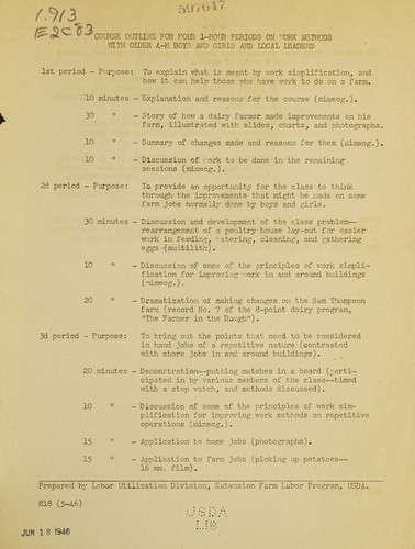 Course outline for four 1-hour periods on work methods with older 4-H boys and girls and local leaders