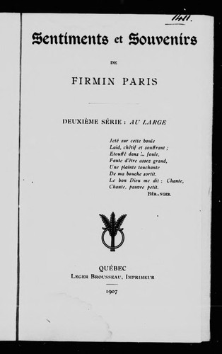 Sentiments et souvenirs de Firmin Paris