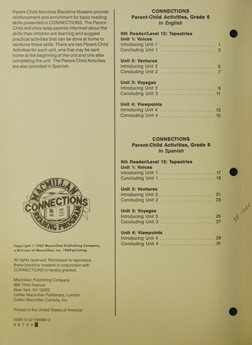 Tapestries Parent-Child Activities Blackline Masters Grade 6. 6th Reader, Level 12.