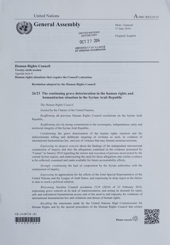 The continuing grave deterioration in the human rights and humanitarian situation in the Syrian Arab Republic