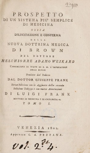 Prospetto di un sistema piu'semplice di medicina, ossia dilucidazione e conferma della nuova dottrina medica di Brown