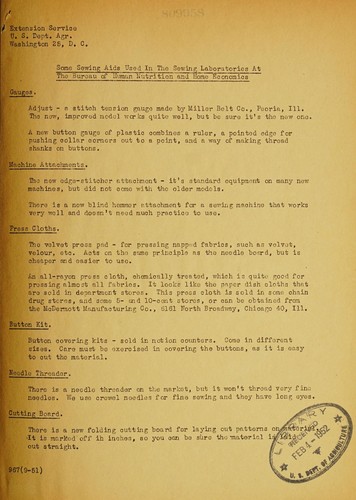 Some sewing aids used in the sewing laboratories at the Bureau of Human Nutrition and Home Economics