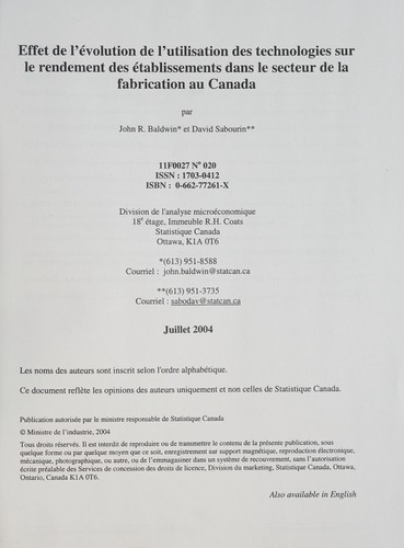 Effet de l'évolution de l'utilisation des technologies sur le rendement des établissements dans le secteur de la fabrication au Canada