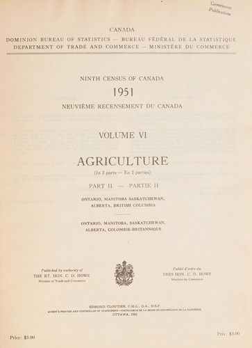 CENSUS OF CANADA, 1951 - AGRICULTURE - ONTARIO, MANITOBA, SASKATCHEWAN, ALBERTA, BRITISH COLUMBIA