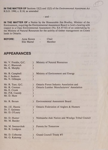 Class environmental assessment by the Ministry of Natural Resources for timber management on crown lands in Ontario