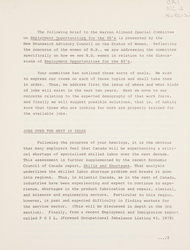 Brief to the special committee on employment opportunities for the 80's presentation of the N.B. (New Brunswick) Advisory Council on the Status of Women
