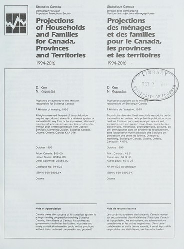 Projections of households and families for Canada, provinces and territories, 1994-2016 =