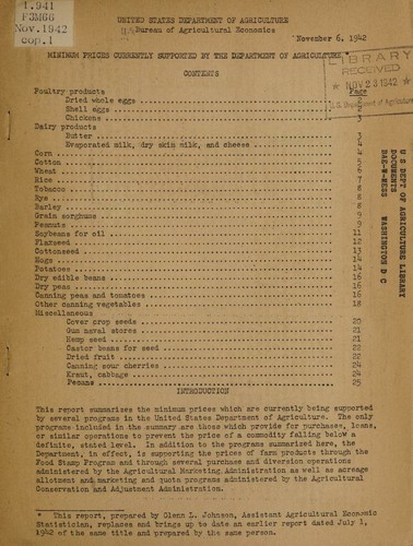Minimum prices currently supported by the Department of Agriculture