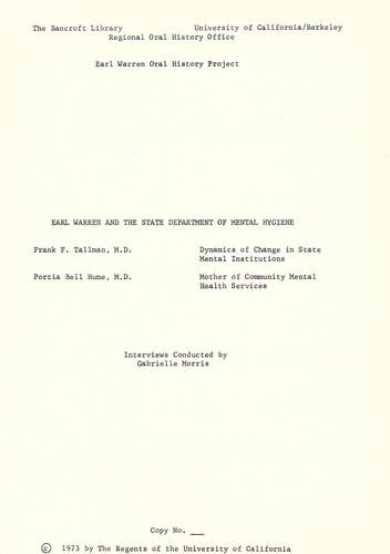 Earl Warren and the State Department of Mental Hygiene