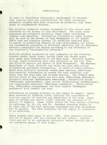 Terrestrial wildlife inventory in selected coal areas