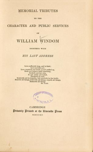 Memorial tributes to the character and public services of William Windom