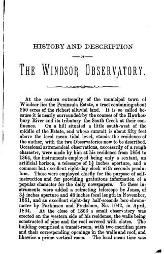 History and description of Mr. Tebbutt's observatory, Windsor, New South Wales