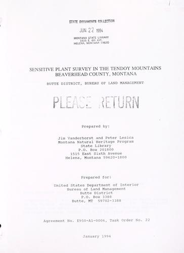 Sensitive plant survey in the Tendoy Mountains, Beaverhead County, Montana