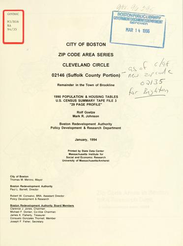 City of Boston zip code area series, cleveland circle, 02146 (Suffolk county portion), 1990 population and housing tables, U.S. census summary tape file 3.