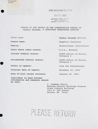 Update to the report on the conservation status of Arabis fecunda, a candidate threatened species.