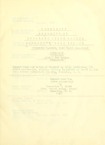 Marriages recorded at Reformed Dutch church, Manhasset, Long Island