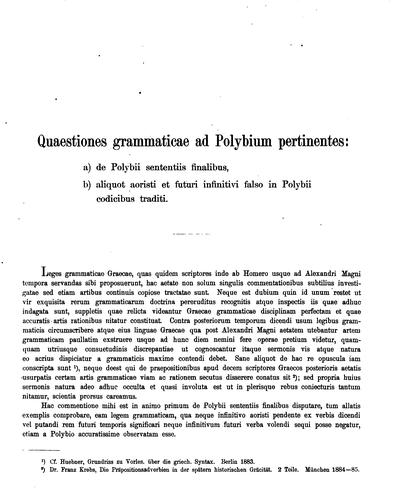 Quaestiones grammaticae ad Polybium pertinentes: a) de Polybii sententiis finalibus; b) aliquot ...