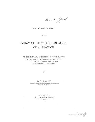 An Introduction to the Summation of Differences of a Function: An Elementary Exposition of the ...